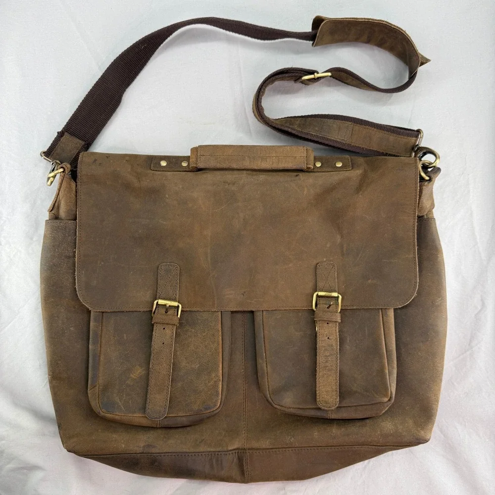KomalC Brown Buffalo Leather Messenger Bag Distressed Laptop Satchel Briefcase